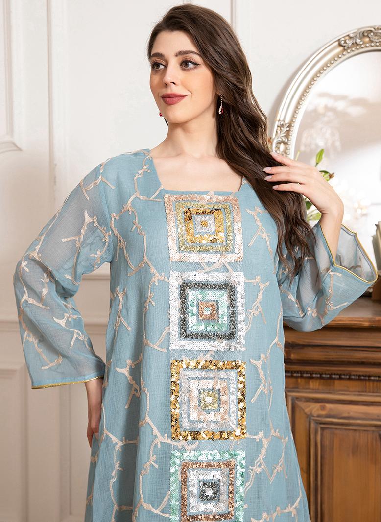 FridayIn Elegant style Square collar Color contrast Embroidery Rhinestone Regular sleeve Kaftan Light green - Image 3