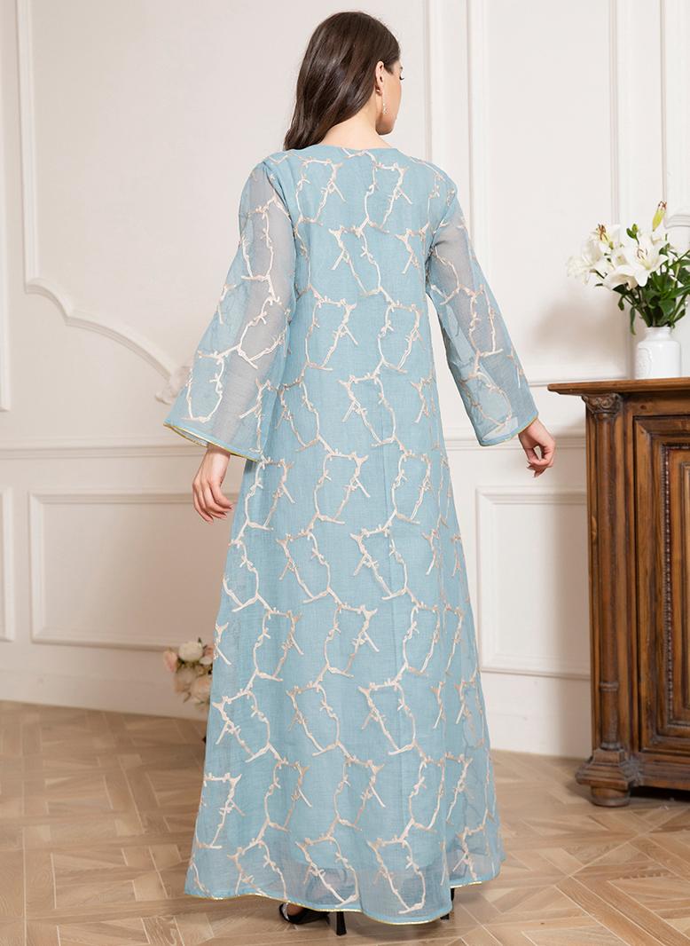 FridayIn Elegant style Square collar Color contrast Embroidery Rhinestone Regular sleeve Kaftan Light green - Image 2
