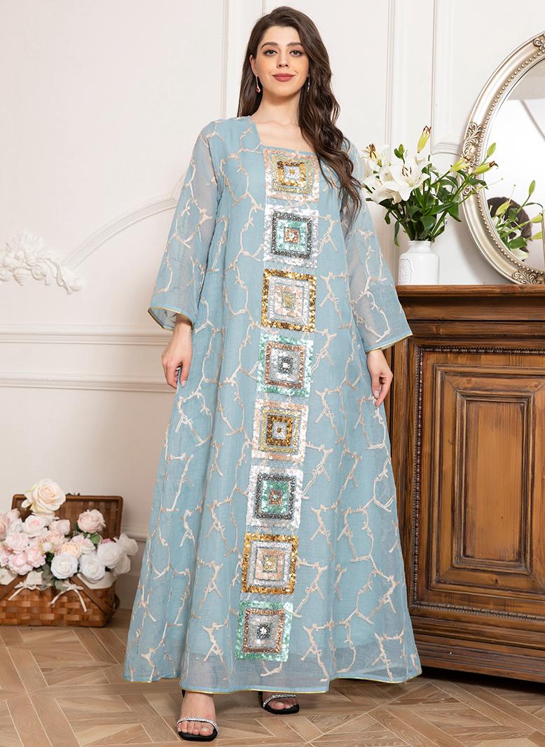 FridayIn Elegant style Square collar Color contrast Embroidery Rhinestone Regular sleeve Kaftan Light green - Image 5