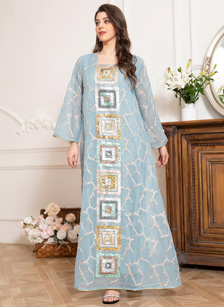 FridayIn Elegant style Square collar Color contrast Embroidery Rhinestone Regular sleeve Kaftan Light green - Image 4