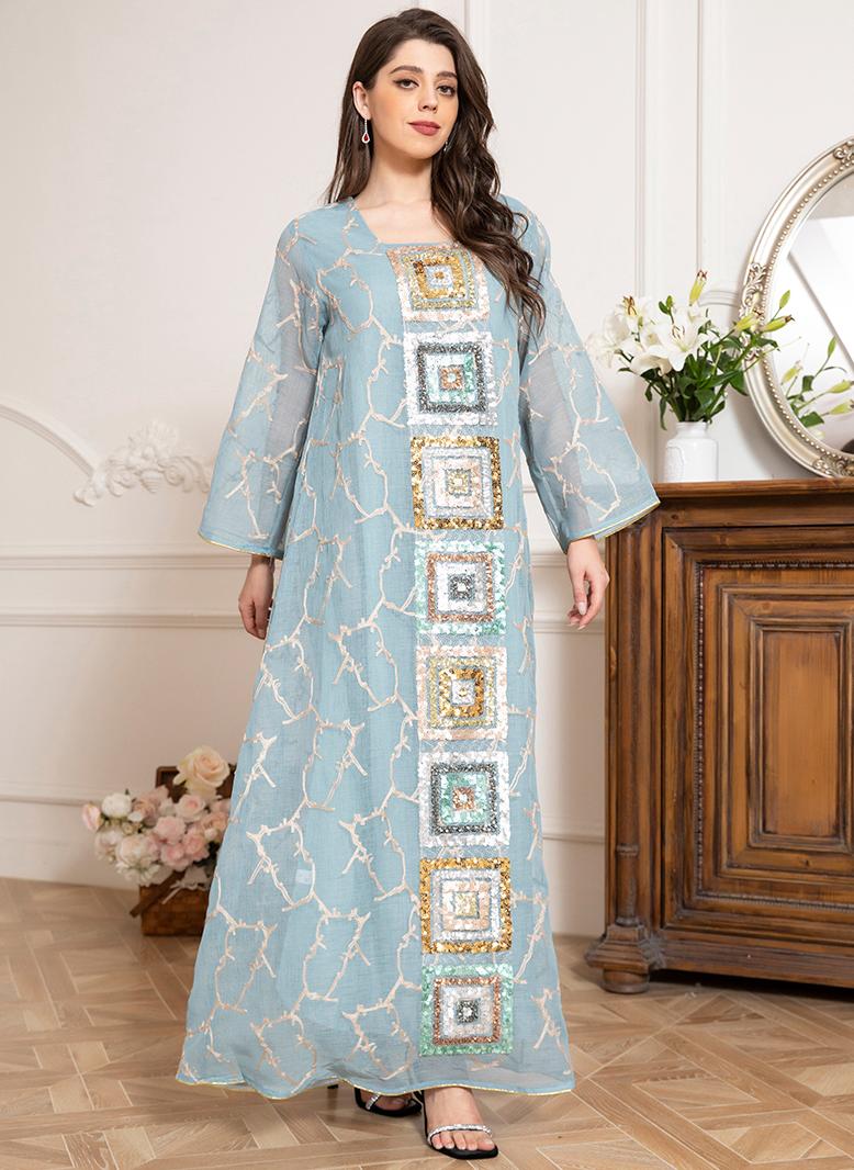 FridayIn Elegant style Square collar Color contrast Embroidery Rhinestone Regular sleeve Kaftan Light green - Image 1