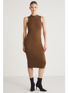 GRIMELANGE Panni Women's Crew Neck Sleeveless Slim Fit Midi Brown Dress  - Image 1
