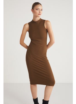 GRIMELANGE Panni Women's Crew Neck Sleeveless Slim Fit Midi Brown Dress  - Image 2