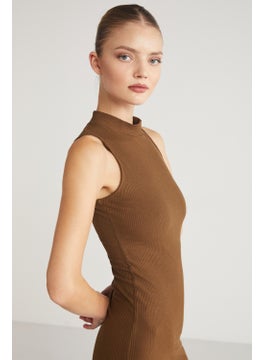 GRIMELANGE Panni Women's Crew Neck Sleeveless Slim Fit Midi Brown Dress  - Image 4