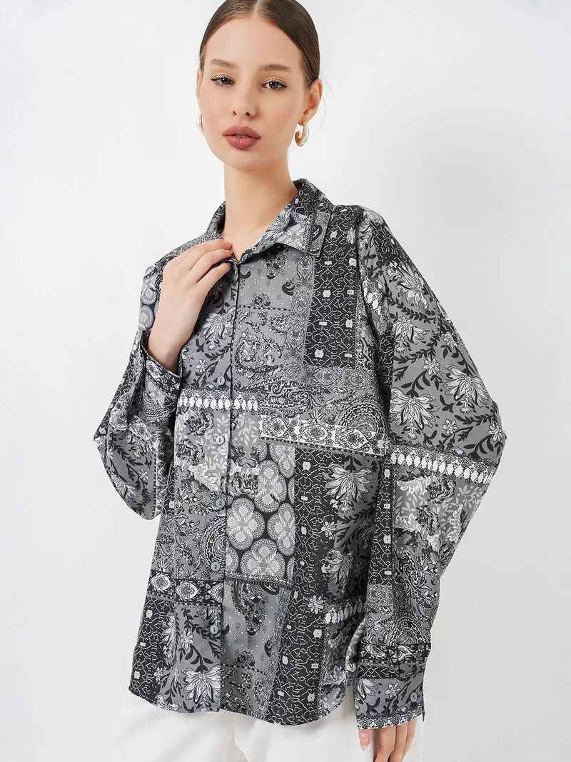 Big Dart Charcoal Grey BDART Oversized Paisley Print Button-Up Shirt for Women | Best Price UAE