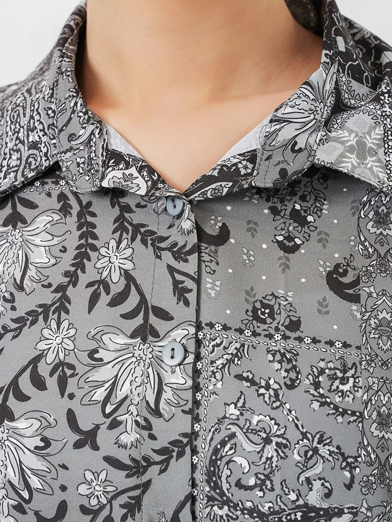 Big Dart Charcoal Grey BDART Oversized Paisley Print Button-Up Shirt for Women | Best Price UAE