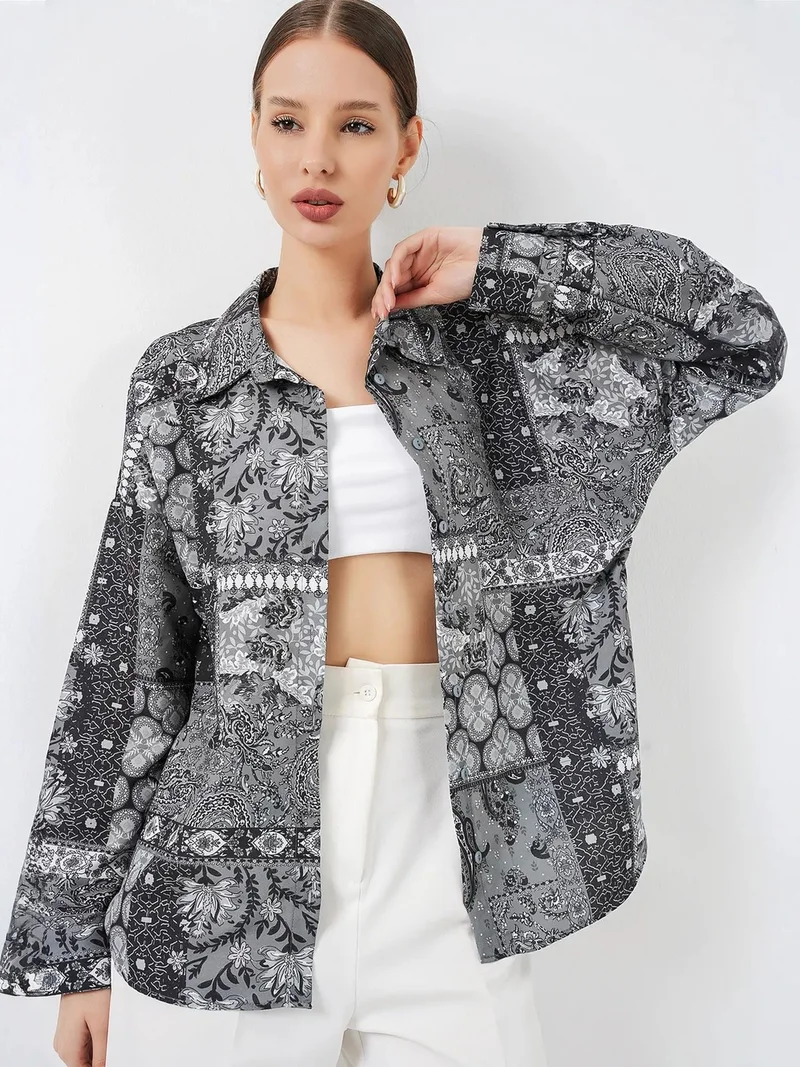 Big Dart Charcoal Grey BDART Oversized Paisley Print Button-Up Shirt for Women | Best Price UAE