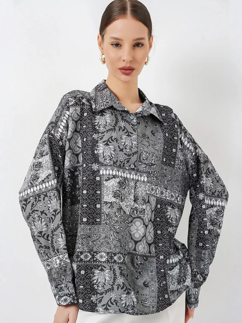 Big Dart Charcoal Grey BDART Oversized Paisley Print Button-Up Shirt for Women | Best Price UAE