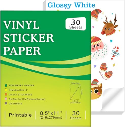 Aevdor 30 Sheets Premium Printable Vinyl Sticker Paper for Inkjet Printer, Glossy White Waterproof, Dries Quickly, Vivid Colors, 8.5x11 Inkjet Vinyl Sticker Paper Great for Cutting Machines - Image 1