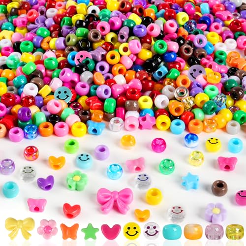 CUPLOOV 1000Pcs Pony Beads for Bracelets, Colourful Plastic Pony Beads Bulk, 6×9mm Friendship Shape Bead for Jewelry Making Heart Bow Tie Star for DIY Hair Braiding Keychains Necklaces Crafts Party Supplies - Image 1