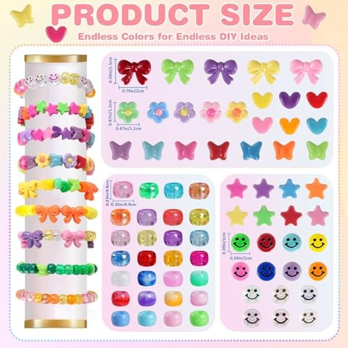 CUPLOOV 1000Pcs Pony Beads for Bracelets, Colourful Plastic Pony Beads Bulk, 6×9mm Friendship Shape Bead for Jewelry Making Heart Bow Tie Star for DIY Hair Braiding Keychains Necklaces Crafts Party Supplies - Image 2