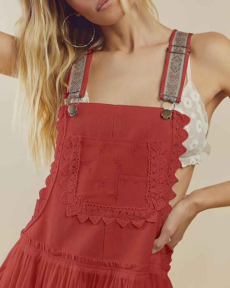 ebossy Women's Laced Embroidered Tulle Bib Dress Casual Loose Adjustable Straps Maxi Dress (S, Red) - Image 3