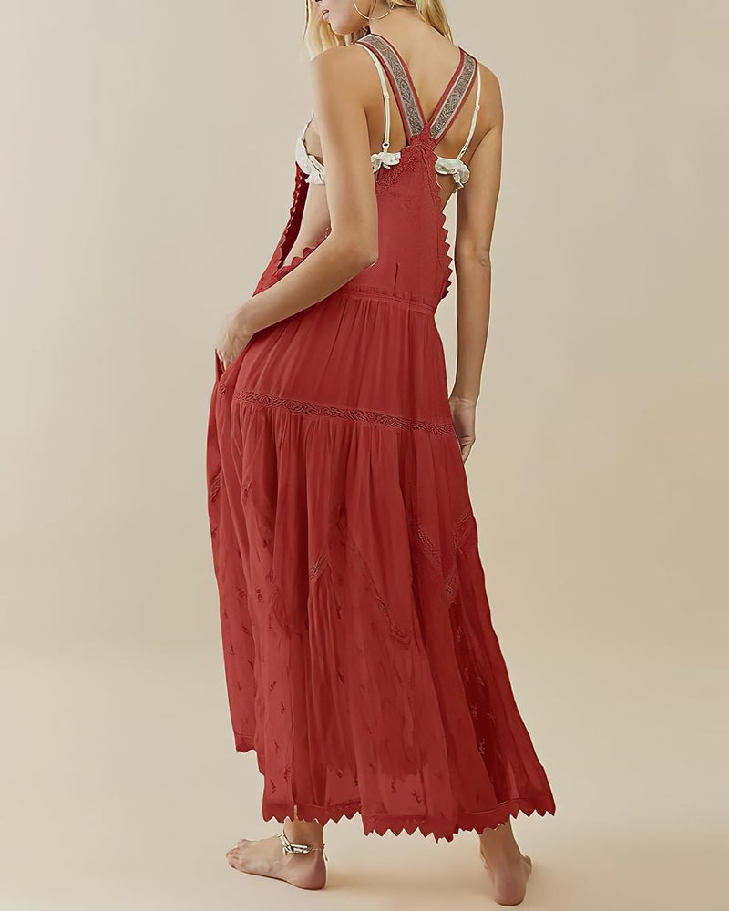 ebossy Women's Laced Embroidered Tulle Bib Dress Casual Loose Adjustable Straps Maxi Dress (S, Red) - Image 2