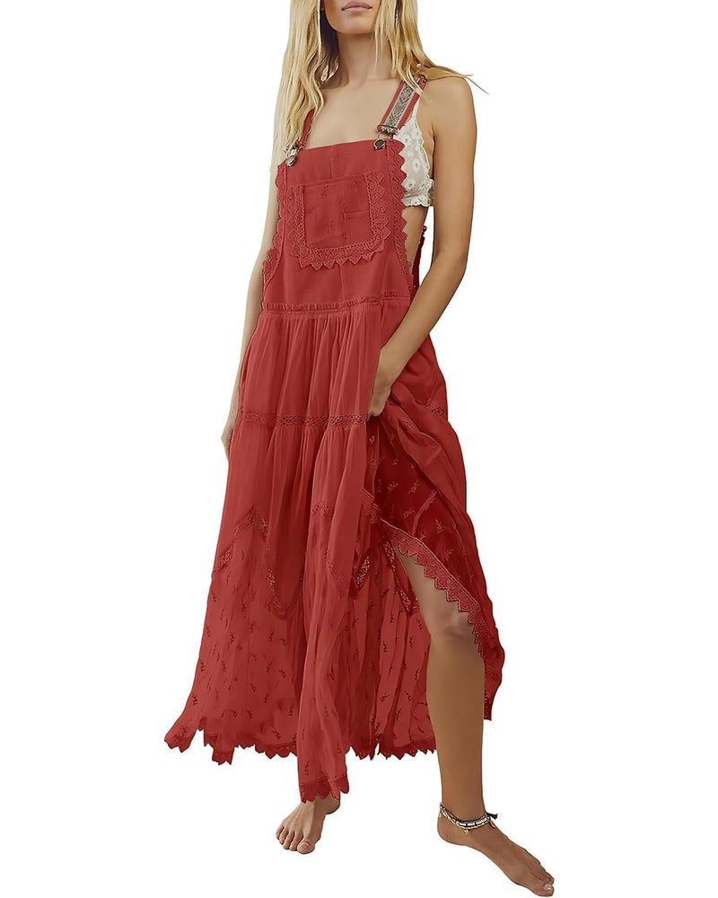 ebossy Women's Laced Embroidered Tulle Bib Dress Casual Loose Adjustable Straps Maxi Dress (S, Red) - Image 1