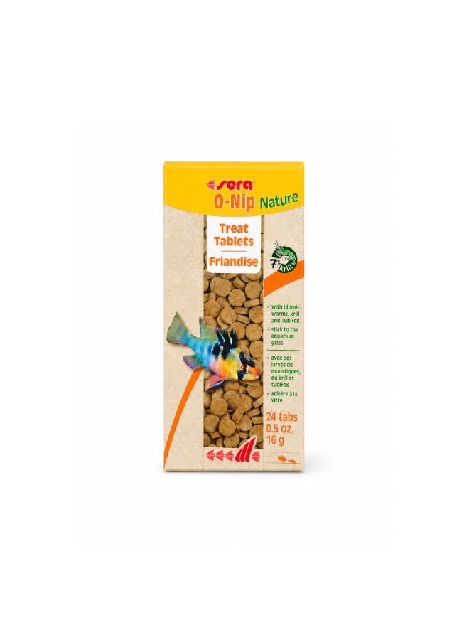 Sera O-Nip Nature Fish Treat Tablets - German Treats Stick to Aquarium Glass with Bloodworms, 7% Krill & Tubifex for Freshwater Ornamental Fish, Interactive Feeding Experience, 24 Tabs / 16g Pack - Image 1