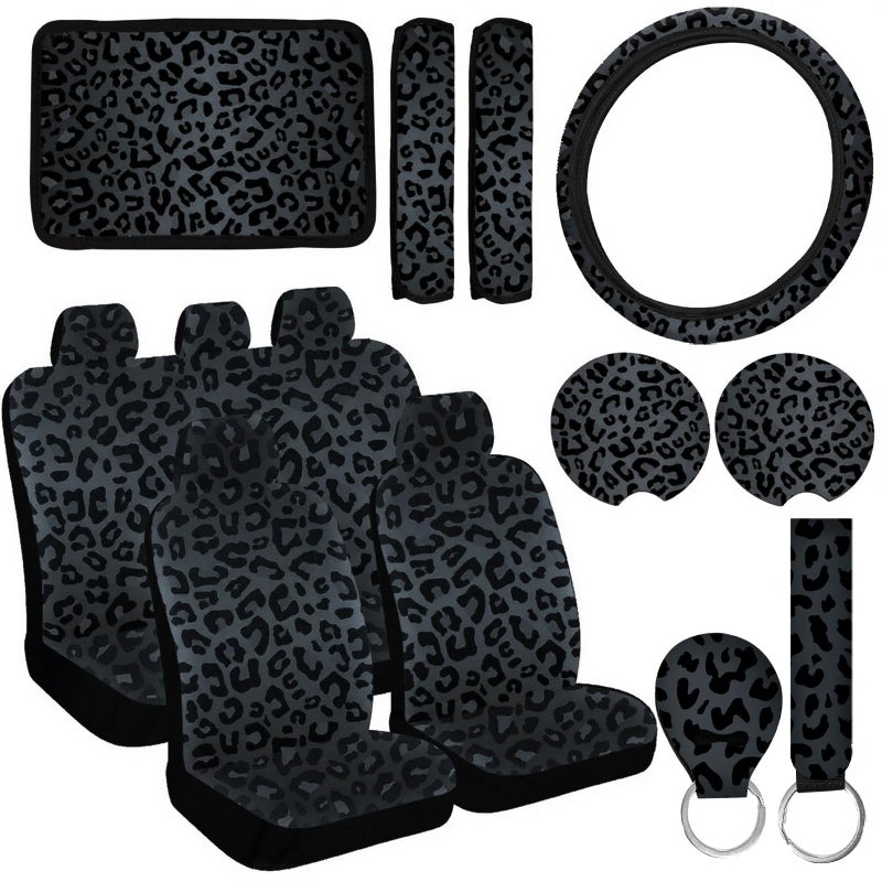 JINGSEN 15 Pcs Black Leopard Print Printing Car Steering Wheel Cover Center Console Armrest Pad Headrest Seat Belt Cover Handbrake Cover Keychain Coaster Full Set Car SUV - Image 1