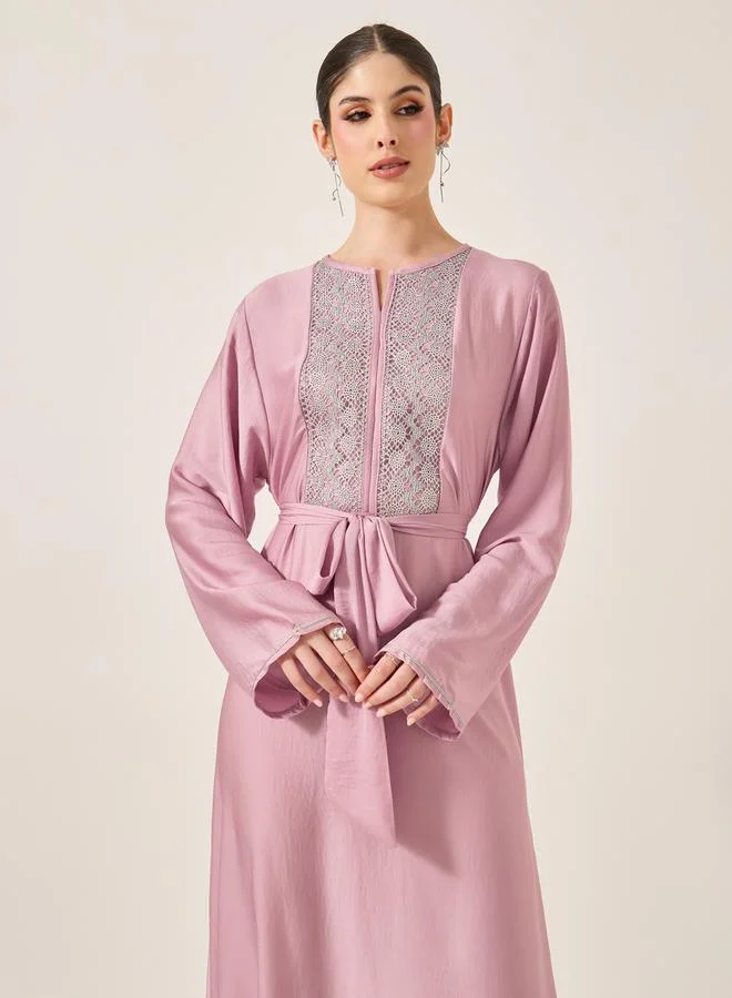 Styli Satin Lace Insert Notch Neck Jalabyia