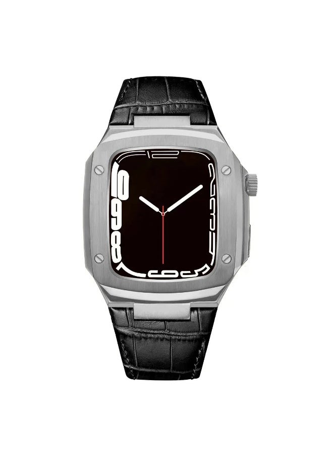 O Ozone Stainless Steel Case with Genuine Leather Watch Band For Apple Watch 44mm 45mm, Luxury Metal Protective Bumper Cover for Men- Black