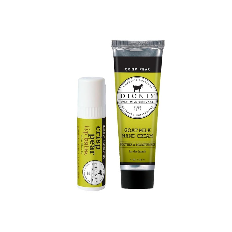 Dionis Goat Milk Skincare Crisp Pear Scented Hand Cream  Lip Balm Set 1 oz and 28 oz  Safe For Sensitive Skin Soothes Chapped Lips and Dry Skin Crueltyfree and Parabenfree