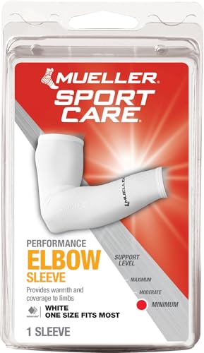 MUELLER Sports Medicine Performance Compression Elbow Sleeve Arm Pain Relief Support for Men and Women Ideal for Strains Cuts Scrapes Fits Right or Left White One Size - Image 1