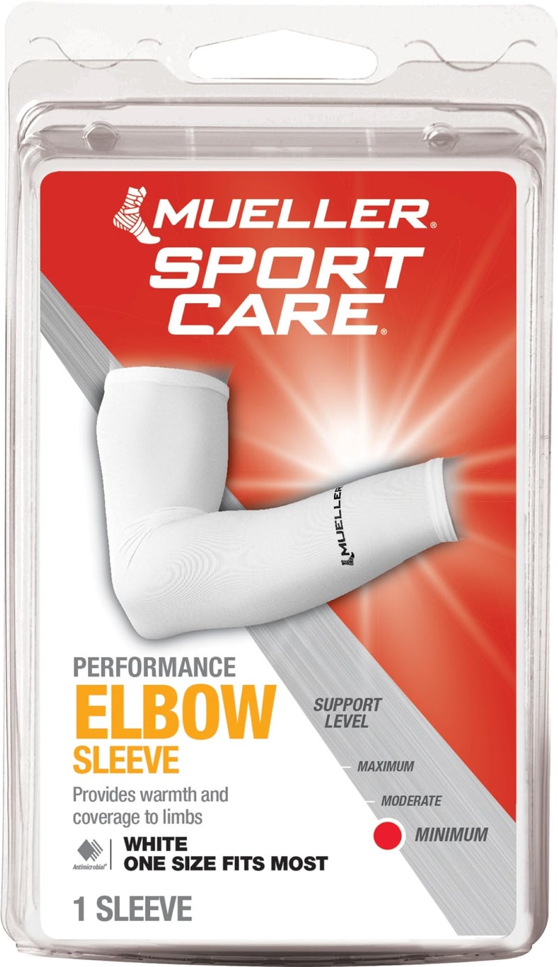 MUELLER Sports Medicine Performance Compression Elbow Sleeve Arm Pain Relief Support for Men and Women Ideal for Strains Cuts Scrapes Fits Right or Left White One Size - Image 2