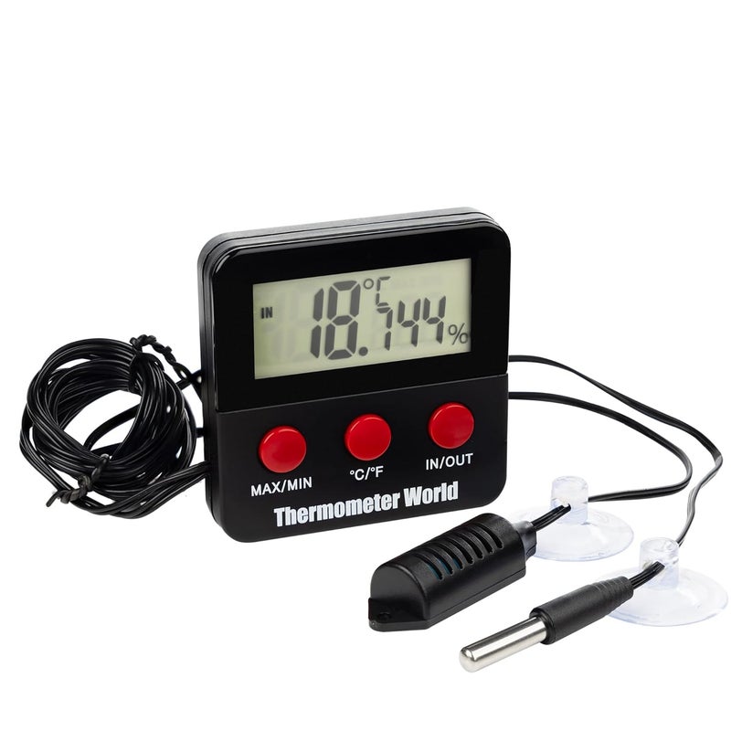 Thermometer World مقياس حرارة عالمي رقمي للزواحف ومقياس رطوبة مع مجسات عن بعد – مقياس حرارة ورطوبة للزواحف في التراريوم، خزان، حاضنة، مفقس�� داخلي وخارجي، مقياس حرارة عالمي، IN/010 - Image 1