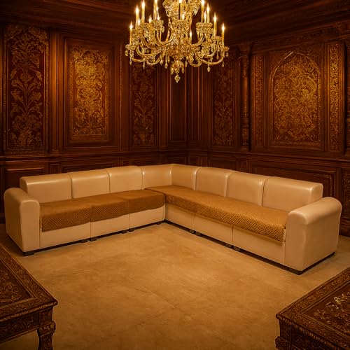 KINGLY Velvet Quilted L-Shape 7 Seater (4+3) Universal Sofa Protector – Premium Non-Slip Fit, Machine Washable Couch Mat for L-Shaped Sofa Set in Living Room (Harvest Gold, 2pc Set – 23x27 & 90x27) - Image 1