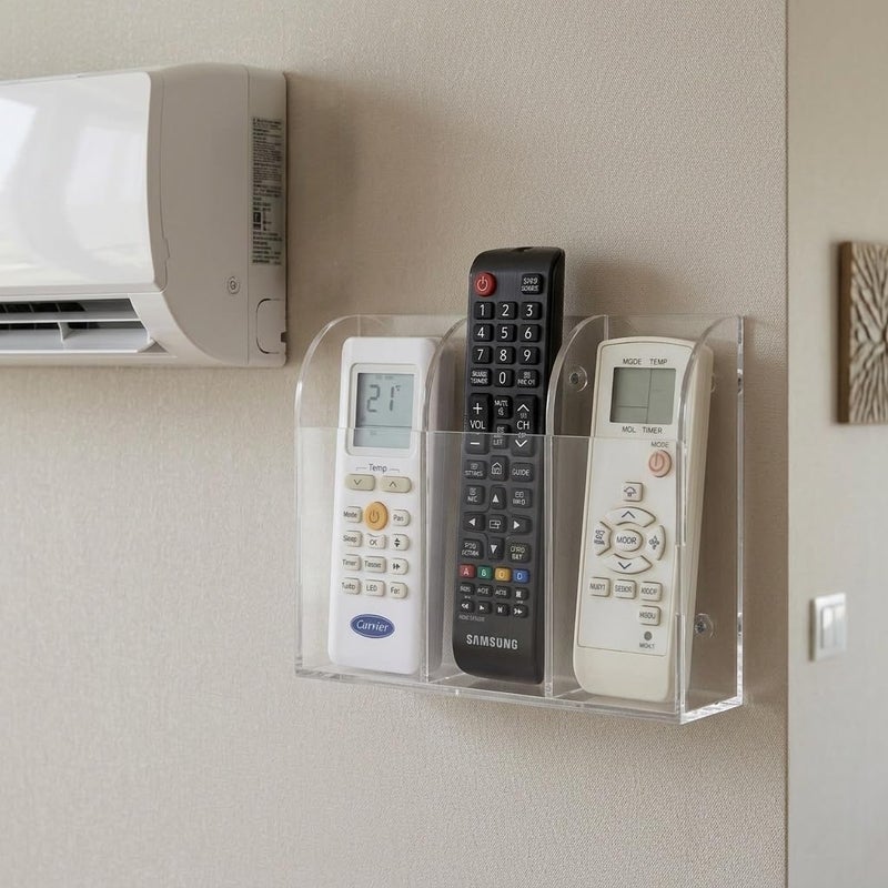 Clear Wing Acrylic Remote Control Organizer - كلير وينج منظم ريموت كنترول أكريليك، 3-Slot Wall Mounted & Desktop Storage Holder for TV, AC Remotes & Stationery - Image 2