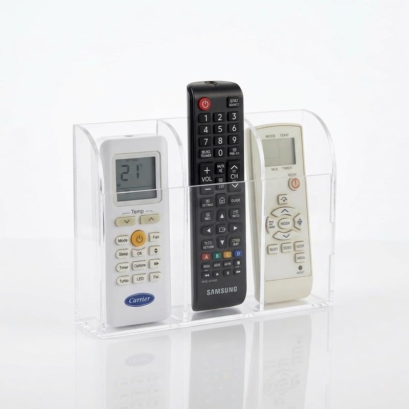 Clear Wing Acrylic Remote Control Organizer - كلير وينج منظم ريموت كنترول أكريليك، 3-Slot Wall Mounted & Desktop Storage Holder for TV, AC Remotes & Stationery - Image 1