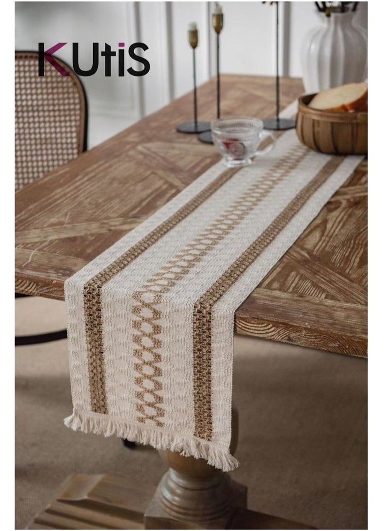 Kutis - Cotton Linen Table Runner Splicing Weave Tassel 180 x 30cm - Image 1