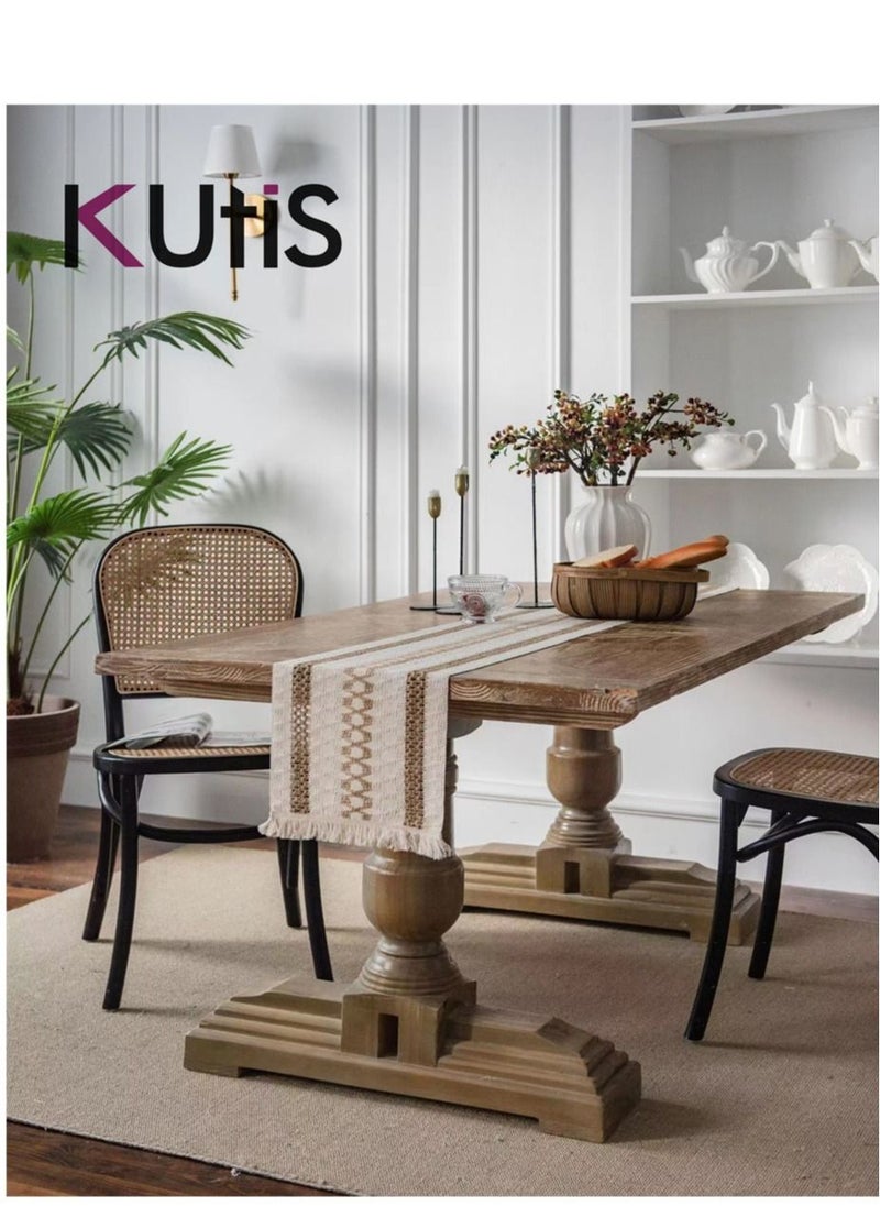 Kutis - Cotton Linen Table Runner Splicing Weave Tassel 180 x 30cm - Image 1