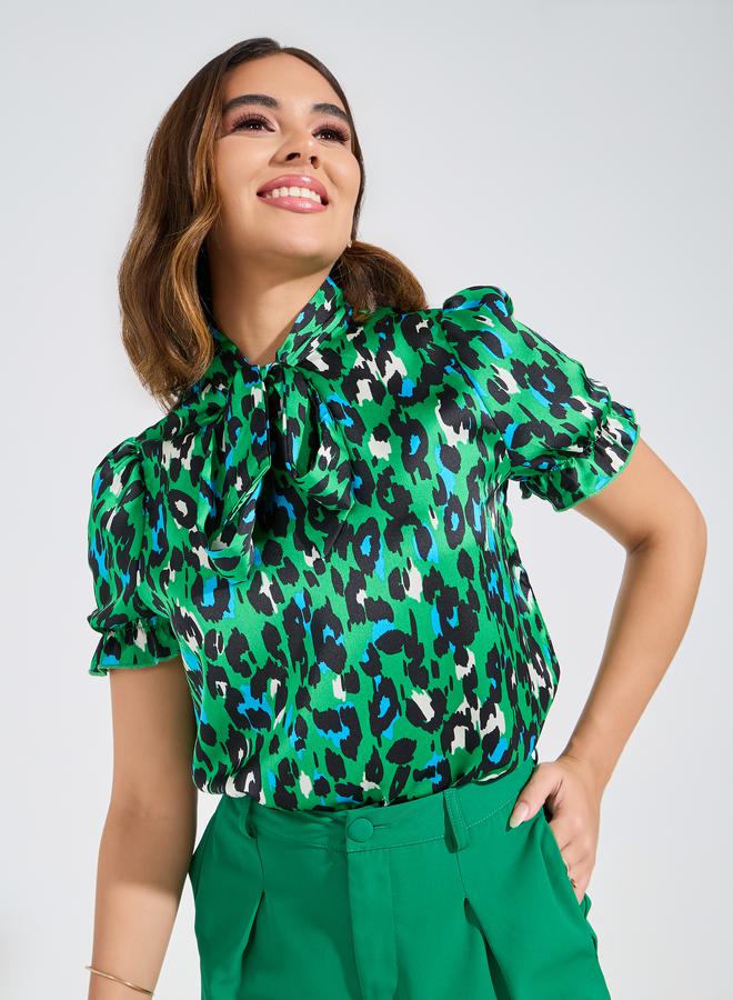 Take Two Leopard Print Tie-Up Neck Blouse by Styli  - Image 1