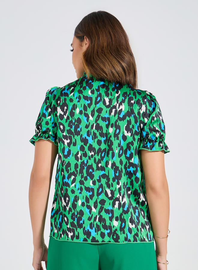 Take Two Leopard Print Tie-Up Neck Blouse by Styli  - Image 5