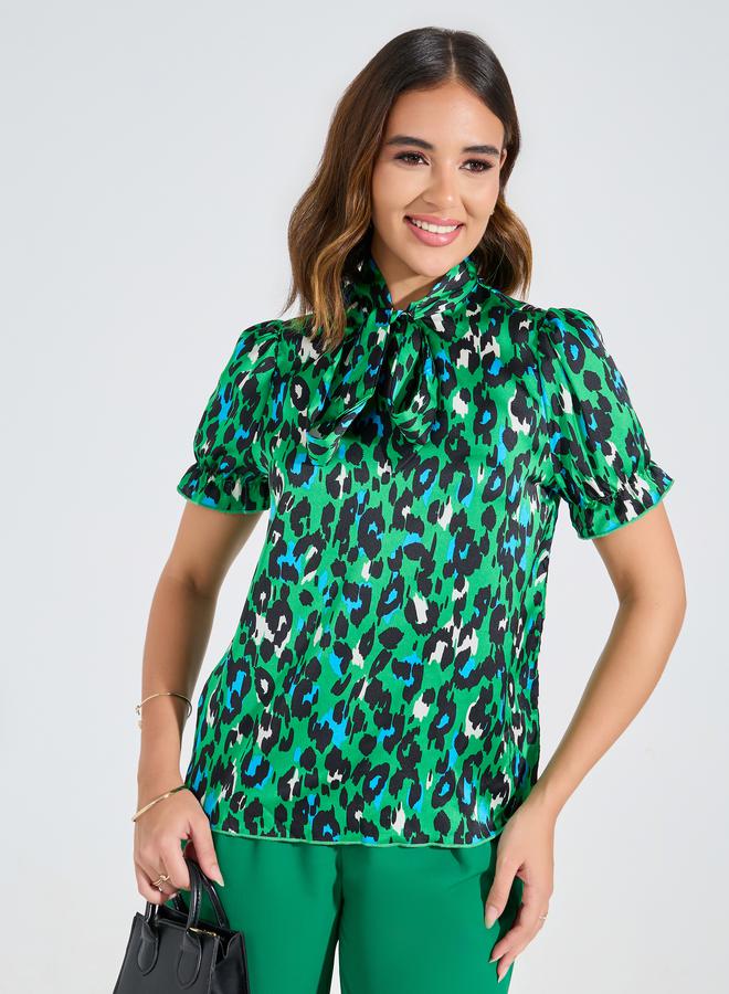 Take Two Leopard Print Tie-Up Neck Blouse by Styli  - Image 3