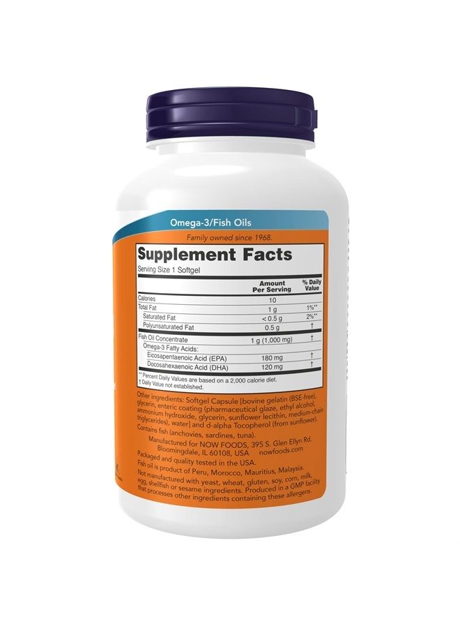 now مكملات، أوميغا-3 180 EPA / 120 DHA، مغلفة بطبقة معوية، دعم القلب والأوعية الدموية*، 180 كبسولة لينة - Image 2