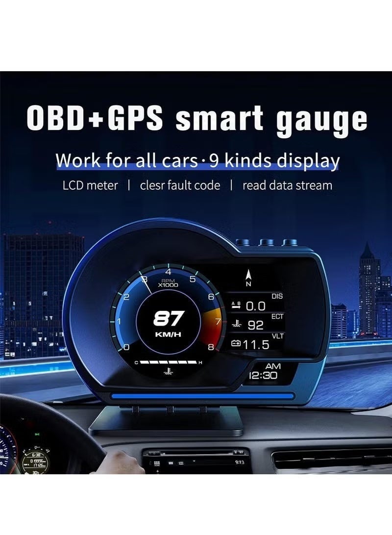 شاشة عرض معلومات السيارة (HUD)، مقياس ذكي OBDⅡ+GPS، عداد سرعة عالي الدقة، أداة تشخيص أعطال السيارة، إزالة رموز أعطال OBD، قيادة آمنة، إنذار تجاوز السرعة، لجميع المركبات (أسود) - Image 3