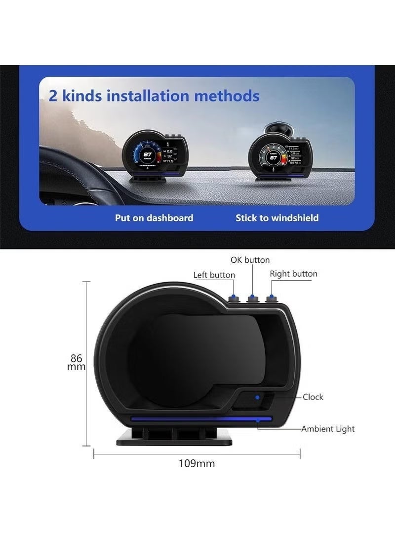 شاشة عرض معلومات السيارة (HUD)، مقياس ذكي OBDⅡ+GPS، عداد سرعة عالي الدقة، أداة تشخيص أعطال السيارة، إزالة رموز أعطال OBD، قيادة آمنة، إنذار تجاوز السرعة، لجميع المركبات (أسود) - Image 2