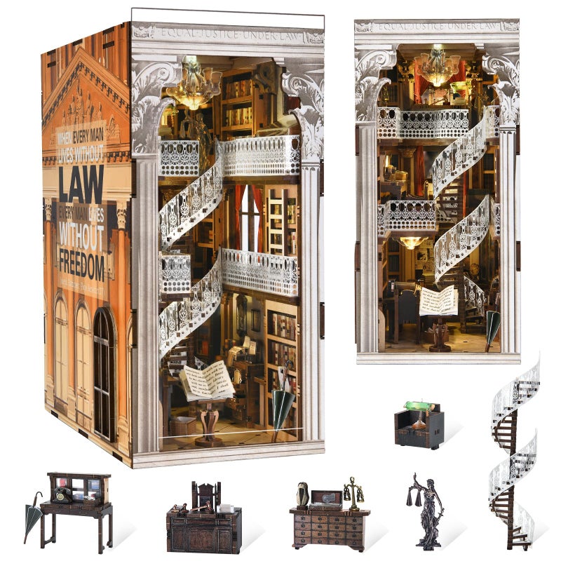 CCCDF DIY Book Nook Kit for Adults and Teens, Miniature Dollhouse Booknook Kit, 3D Wooden Puzzle Booknook Bookshelf Bookcase Model Build Kit Decor Alley with LED Light (Law Library) - Image 1