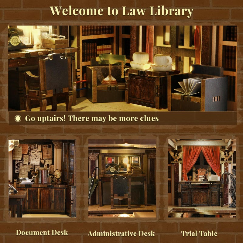 CCCDF DIY Book Nook Kit for Adults and Teens, Miniature Dollhouse Booknook Kit, 3D Wooden Puzzle Booknook Bookshelf Bookcase Model Build Kit Decor Alley with LED Light (Law Library) - Image 4