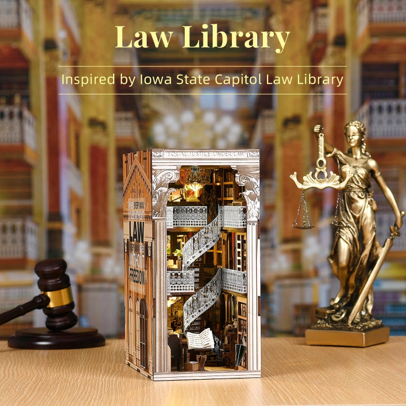 CCCDF DIY Book Nook Kit for Adults and Teens, Miniature Dollhouse Booknook Kit, 3D Wooden Puzzle Booknook Bookshelf Bookcase Model Build Kit Decor Alley with LED Light (Law Library) - Image 5
