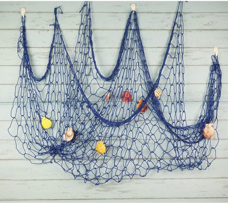 Bilipala Mediterranean Fishing Net Decoration, Fish Netting with Seashell Decor, Nautical Party Decorations, Blue - Image 1