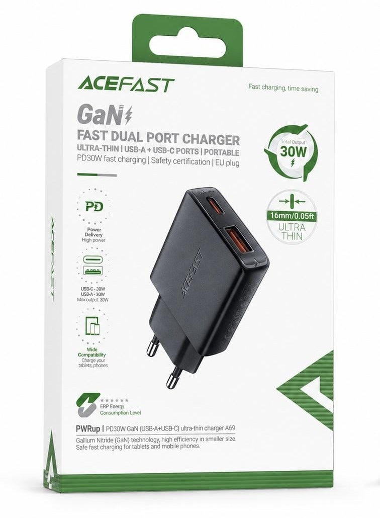 أسيفاست شاحن جداري أيس فاست A69 نحيف للغاية بقوة 30 واط منفذين USB-C و USB-A بتكنولوجيا GaN - أسود - Image 1