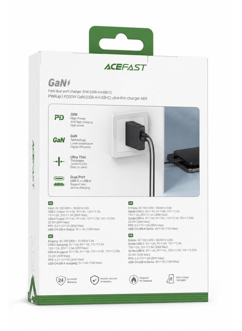 أسيفاست شاحن جداري أيس فاست A69 نحيف للغاية بقوة 30 واط منفذين USB-C و USB-A بتكنولوجيا GaN - أسود - Image 2