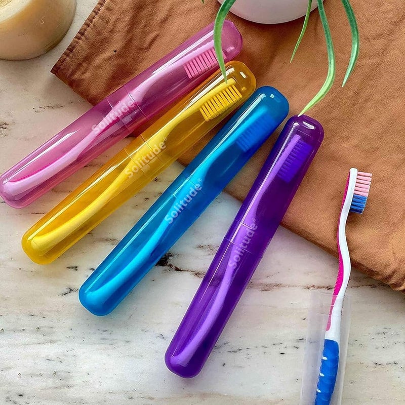 Solitude Pack of 4 Antibacterial Plastic Store Portable Toothbrush Tongue Cleaner Holder Case Traveling, Outdoor, Camping, School Use, Storage & Carry Case Storage Box Cover Organizer (Multicolor) - Image 1