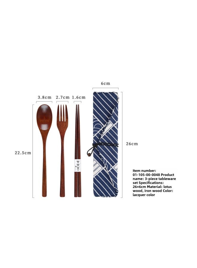 Yfjy Special Season Japanese Wooden Chopsticks Spoon Fork Portable One-person Spoon Fork Chopsticks Picnic Three-piece Cloth Bag-Specifications:(Lotus Wood) 22.5 Spoon, Fork And Chopsticks Big Paint + Square  - Image 1