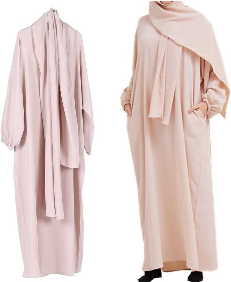 Women's Elegant Breathable Long Sleeve Modest Robe Dress with Hijab - Size 1 Beige - Image 1