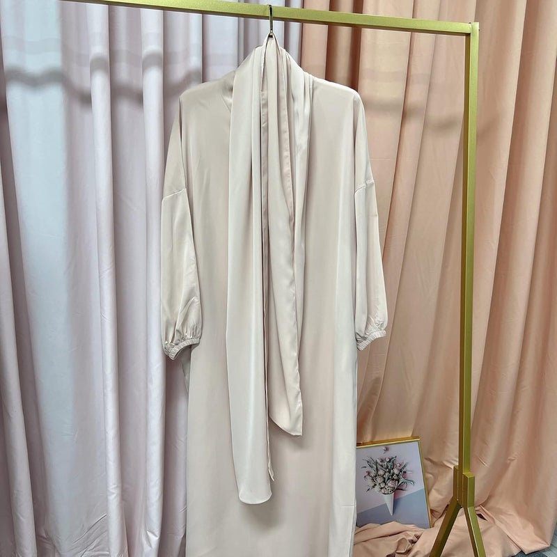 Women's Elegant Breathable Long Sleeve Modest Robe Dress with Hijab - Size 1 Beige - Image 4