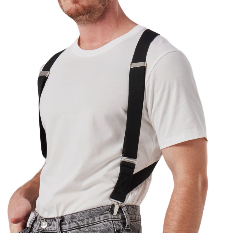 LazarsSpace 2 Clips Men's Suspenders X-Back Clip-On Elastic Braces for Formal and Casual Wear (Black) - Image 1