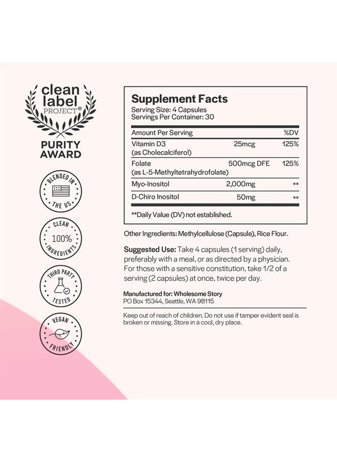 Myo-Inositol & D-Chiro Inositol Capsules with MTHF, Folate, Vitamin D| Support for Ovarian Function, Hormone Balance, & Homocysteine Levels | Fertility Supplements for Women | 40:1 Ratio