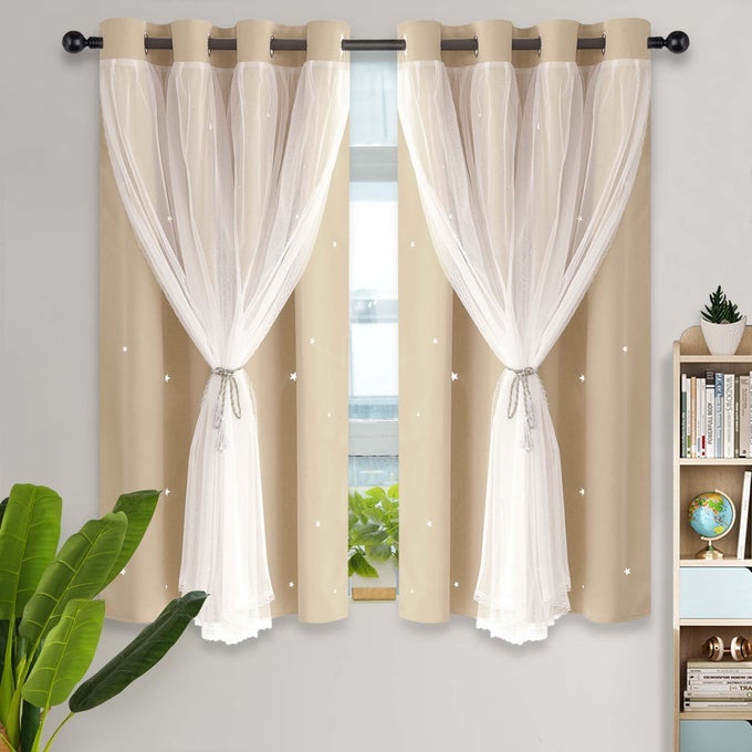 BLACKOUT CURTAINS FOR GIRL BEDROOMLIVING ROOMCLASSROOM SHEER OVERLAY SMALL 2 PANEL SET DOUBLE LAYER CURTAINS WITH STAR CUTOUT FOR KIDS ROOMW 52 X L 45 INCHESBEIGE 2 PCS